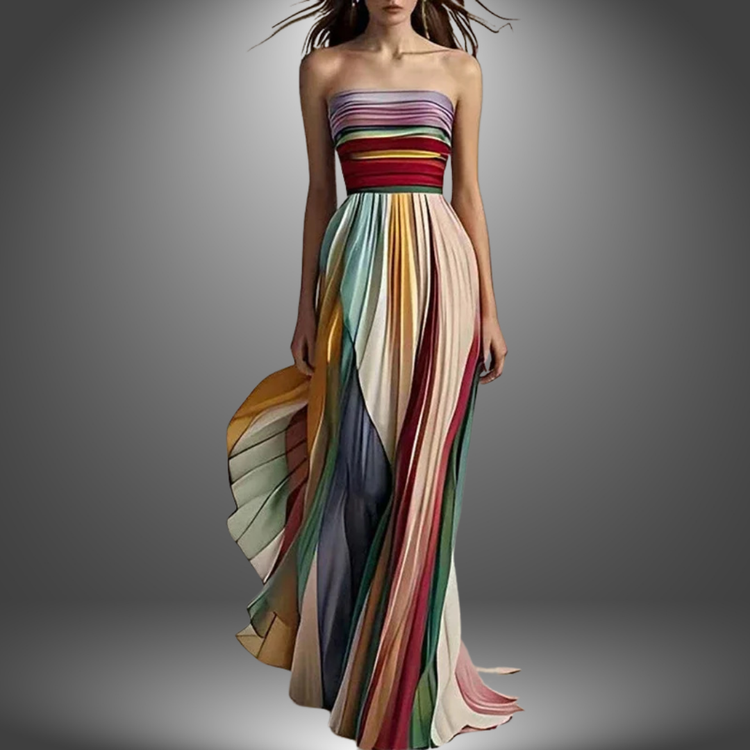Abigail | Vestido Maxi Plisado Colorido Sin Tirantes
