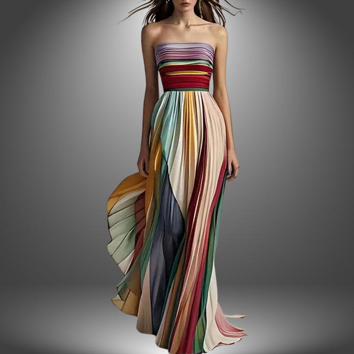 Abigail | Vestido Maxi Plisado Colorido Sin Tirantes