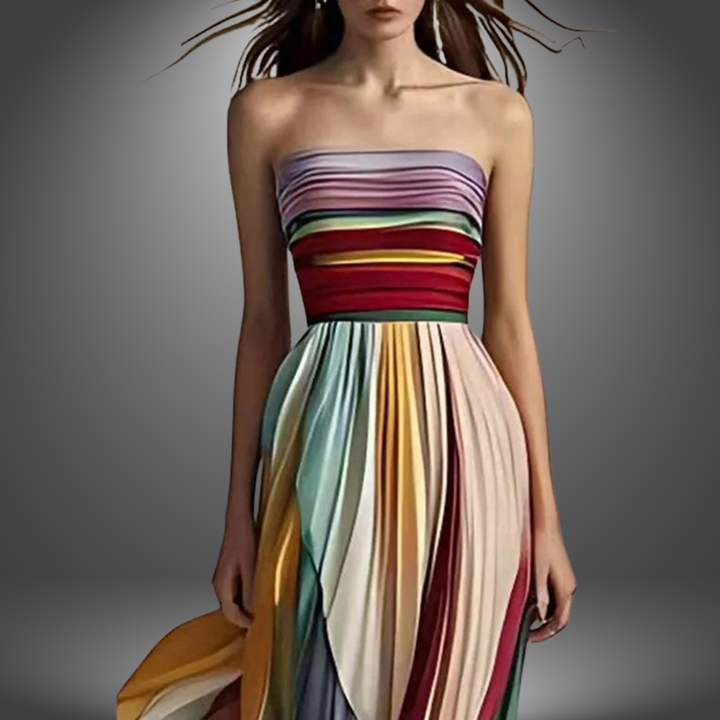 Abigail | Vestido Maxi Plisado Colorido Sin Tirantes