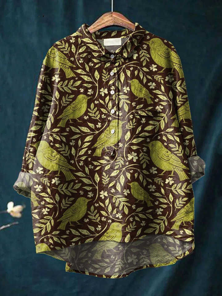 Nora | Camiseta Casual de Arte Vintage Floral de Aves para Mujeres