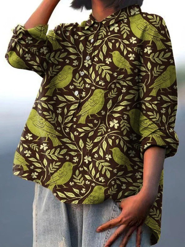 Nora | Camiseta Casual de Arte Vintage Floral de Aves para Mujeres