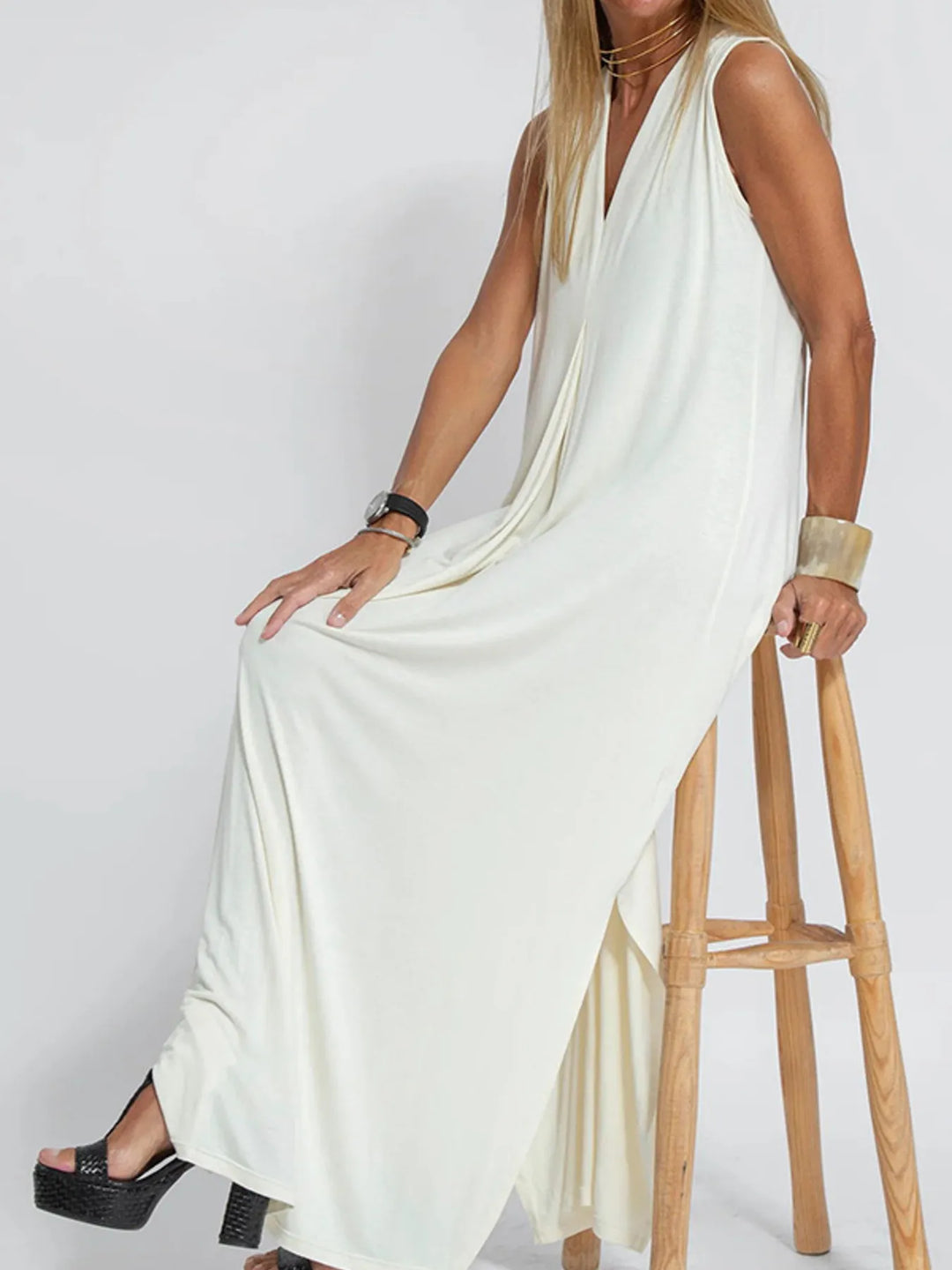 Vestido Maxi Sin Mangas de Cuello en V de Talla Grande