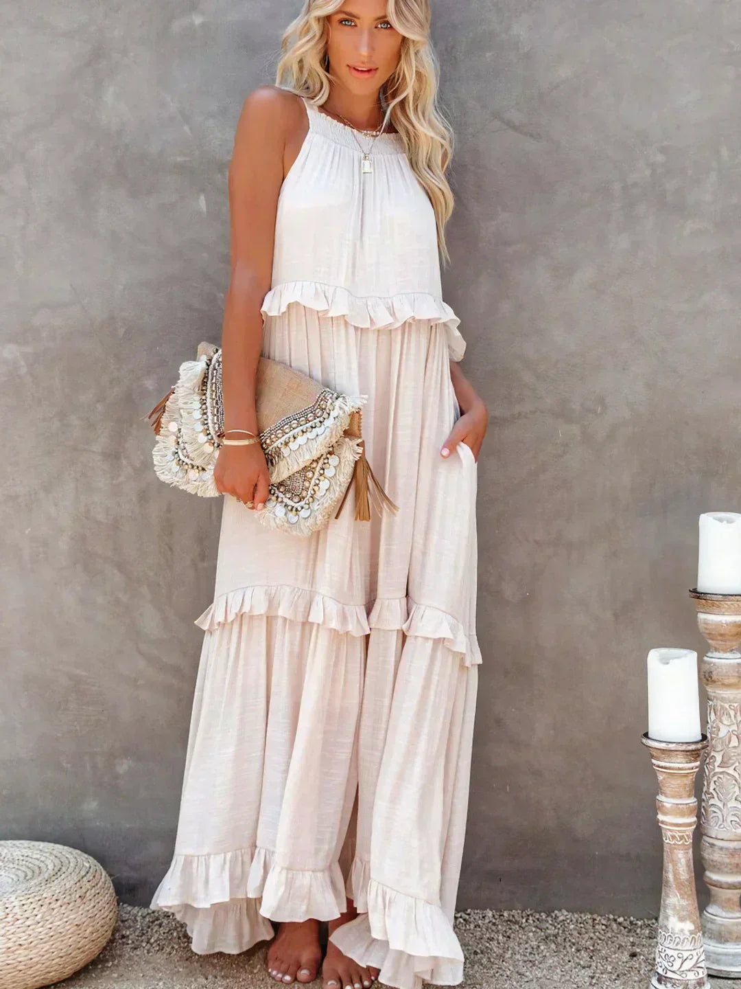 Robyn - Vestido Maxi con Volantes y Cuello Halter