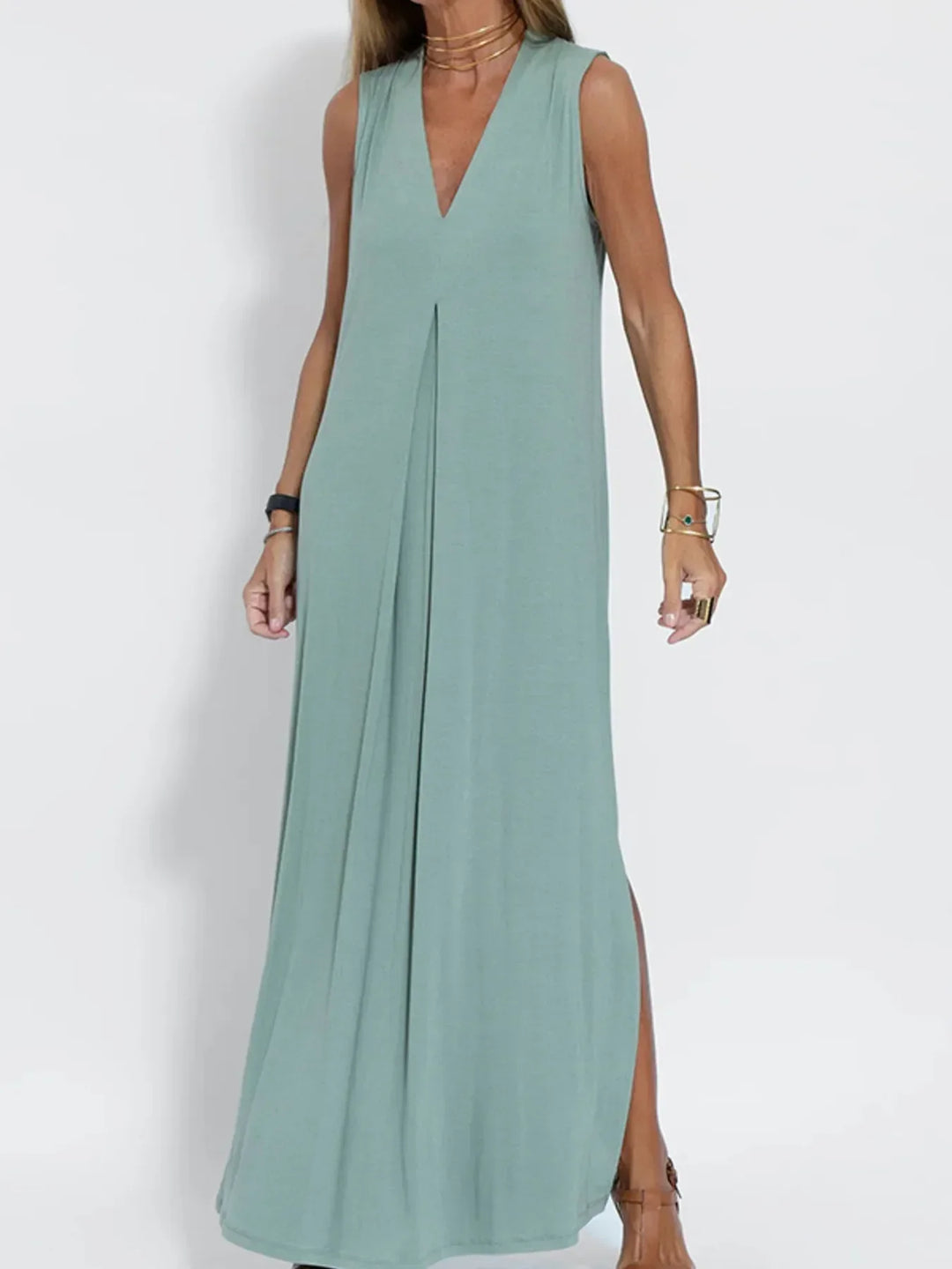 Vestido Maxi Sin Mangas de Cuello en V de Talla Grande