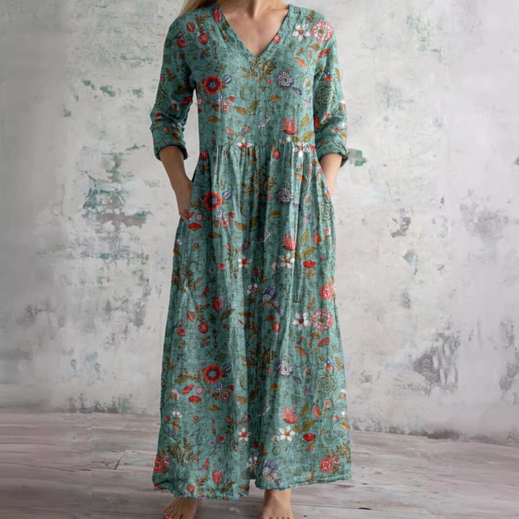 Dearyn | Vestido Maxi de Verano con Escote en V y Patrón Floral