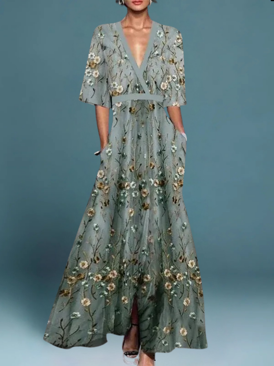 Hazel | Elegante Vestido Maxi Boho con Cinturón y Escote en V