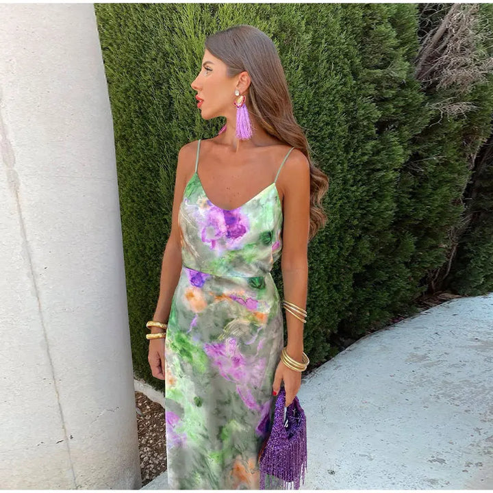 Anisten™ | Vestido Maxi Elegante con Patrón Halo-Dye y Chal Desprendible
