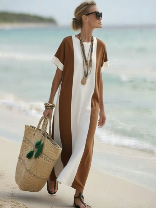 Vestido de lino largo con bloques elegantes