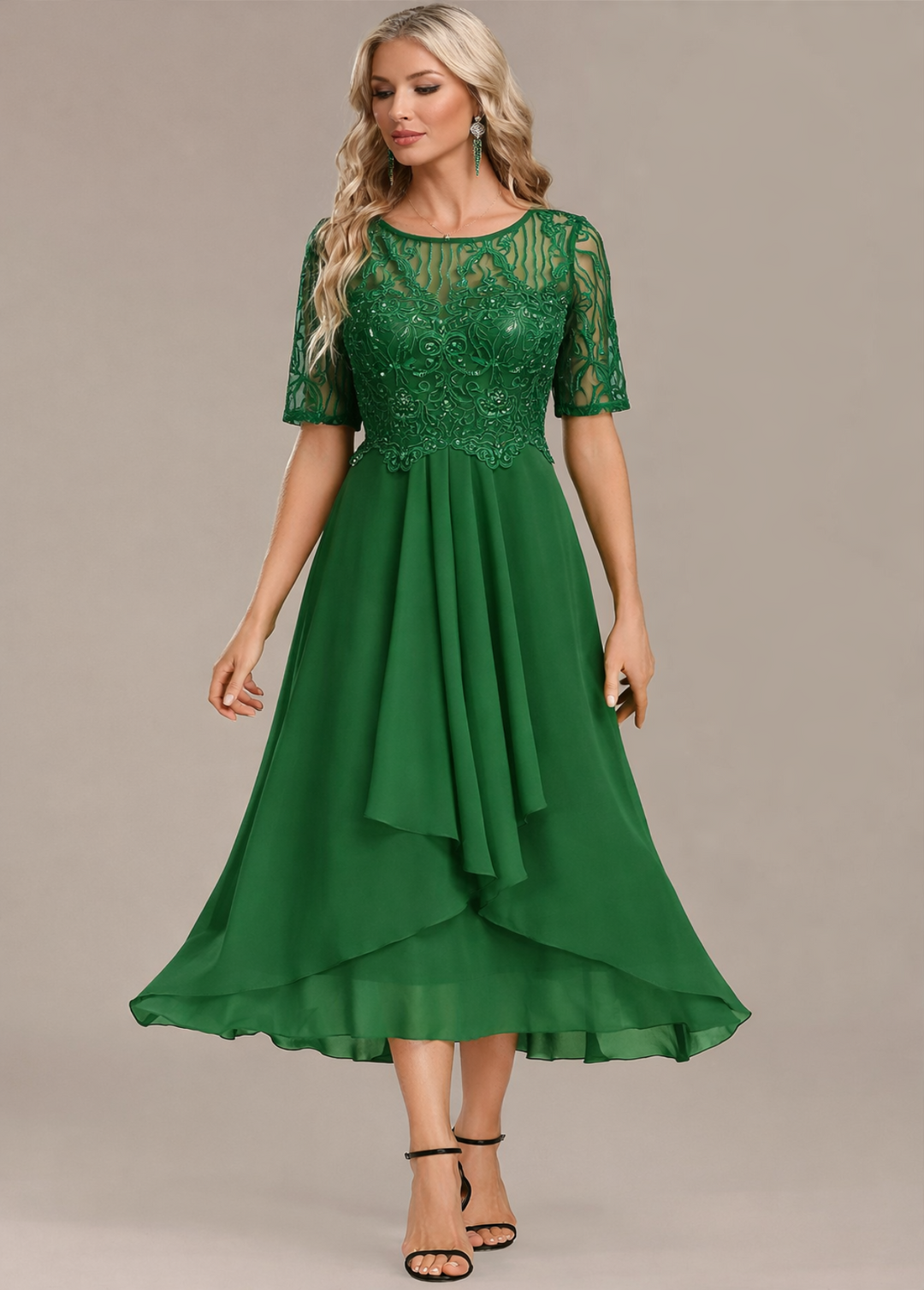 Sophie | Vestido midi de encaje marino con manga corta y cuello redondo