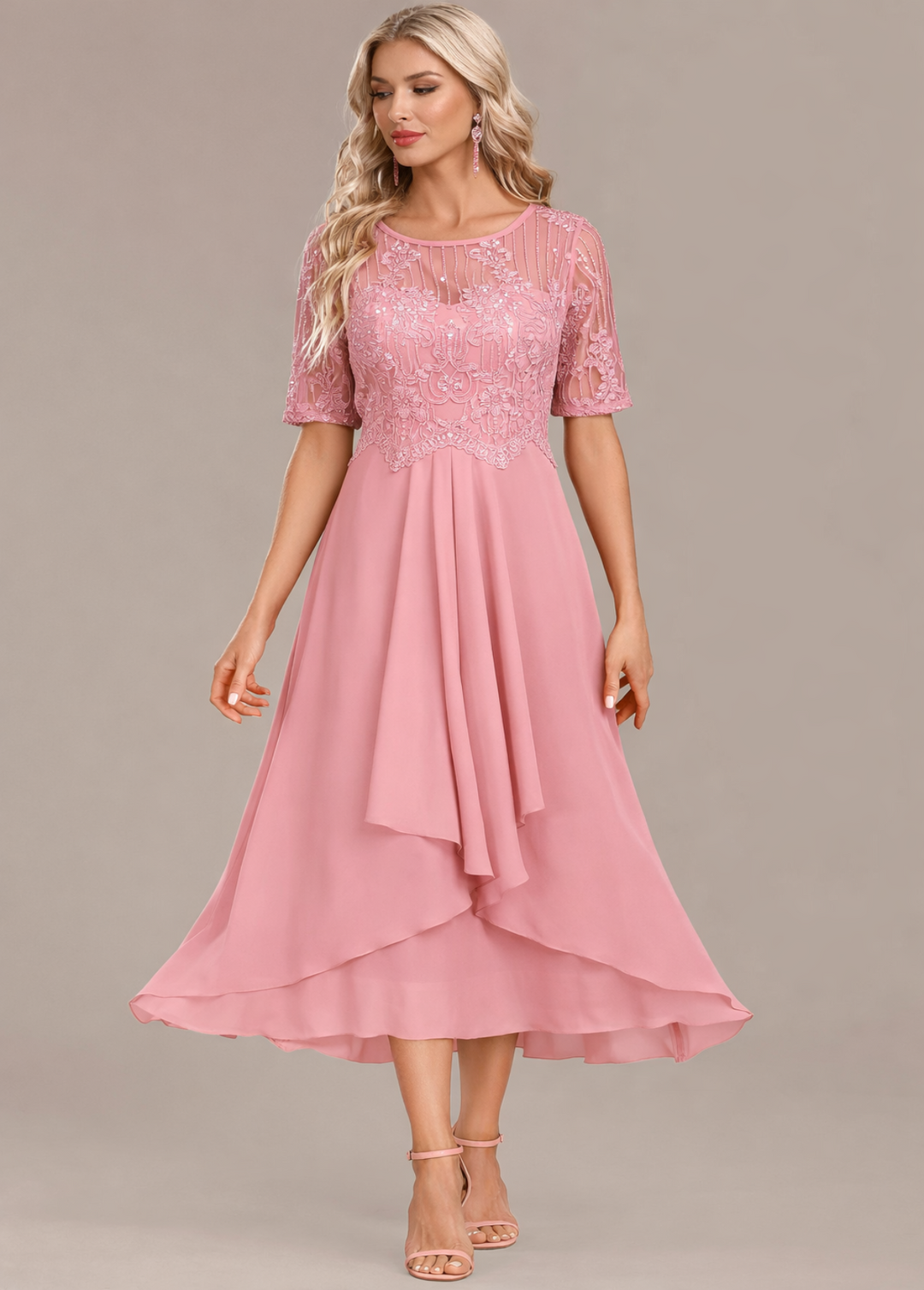 Sophie | Vestido midi de encaje marino con manga corta y cuello redondo