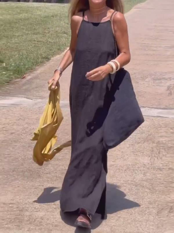 Vestido largo de algodón y lino para mujer, casual