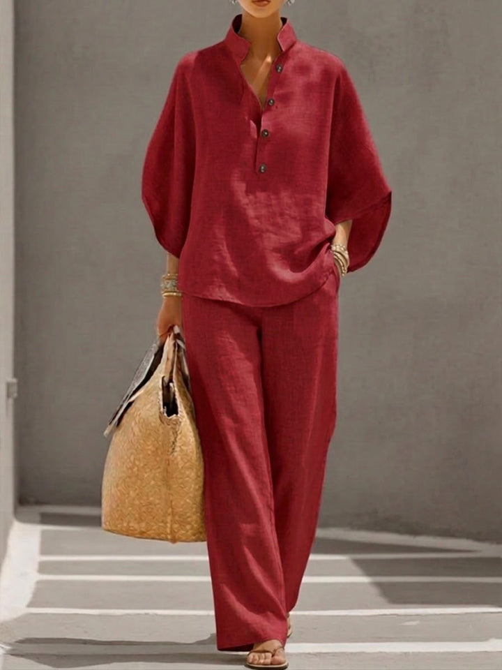 Mariel | Conjunto de Algodón y Lino con Mangas Murciélago y Pantalón Amplio